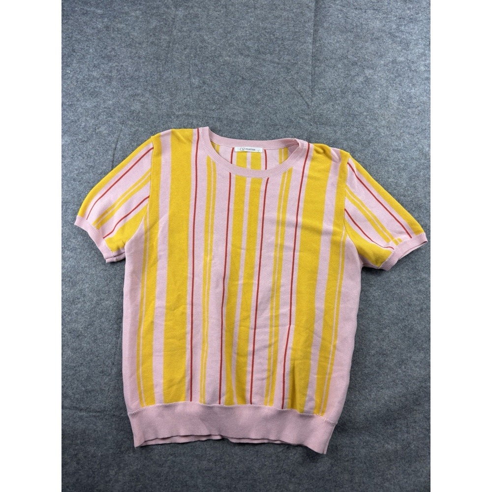 Q2 Collection Womens L Pink Striped Artsy Short Sleeve Sweater Preppy Retro 90s
